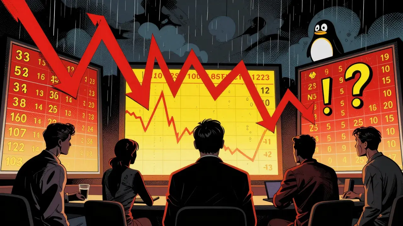 Investors examining volatile crypto charts with warning indicators