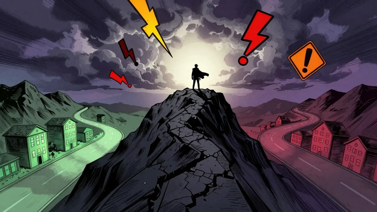 Lone figure at crossroads facing crypto market risks and uncertainty