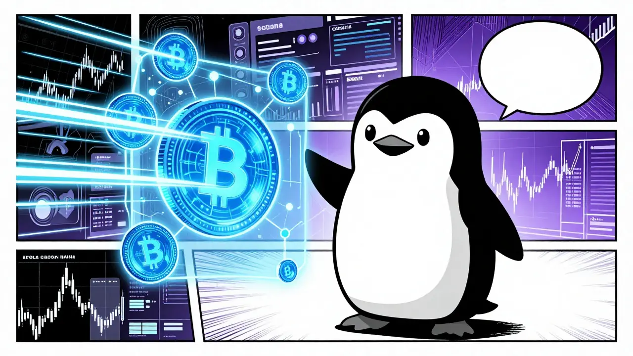 Penguin mascot with cryptocurrency symbols and blockchain network graphics