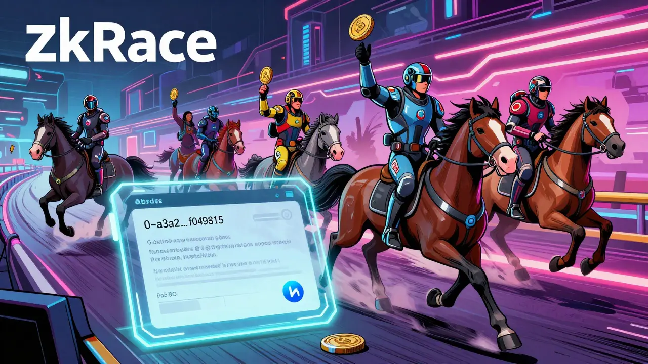Players ride NFT horses in a neon metaverse track, tossing ZERC tokens, with a verified smart contract seal glowing above.
