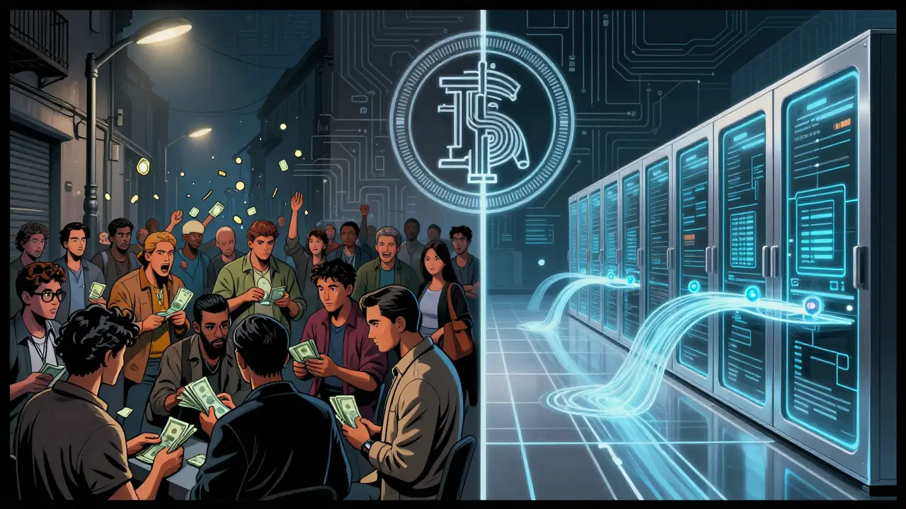 Split scene: chaotic crypto trades on one side, controlled digital pound network on the other, in graphic novel style.