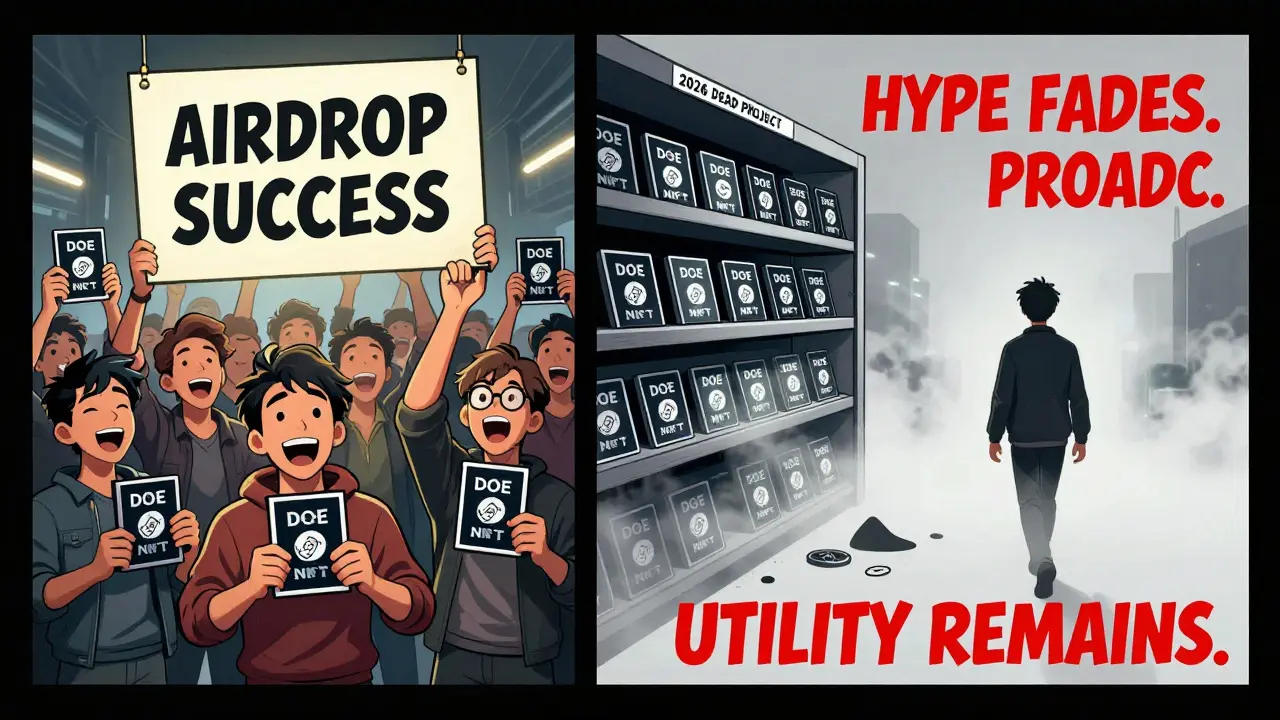 Split scene: excited holders on one side, abandoned NFTs on the other, with text 'Hype Fades. Utility Remains.'