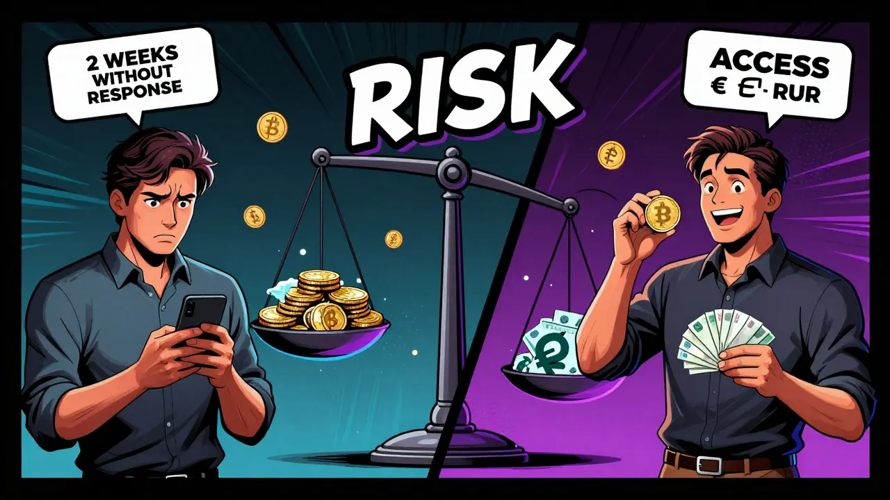 Split scene: one side shows frozen funds and slow support, the other shows a European user depositing EUR directly on Livecoin.