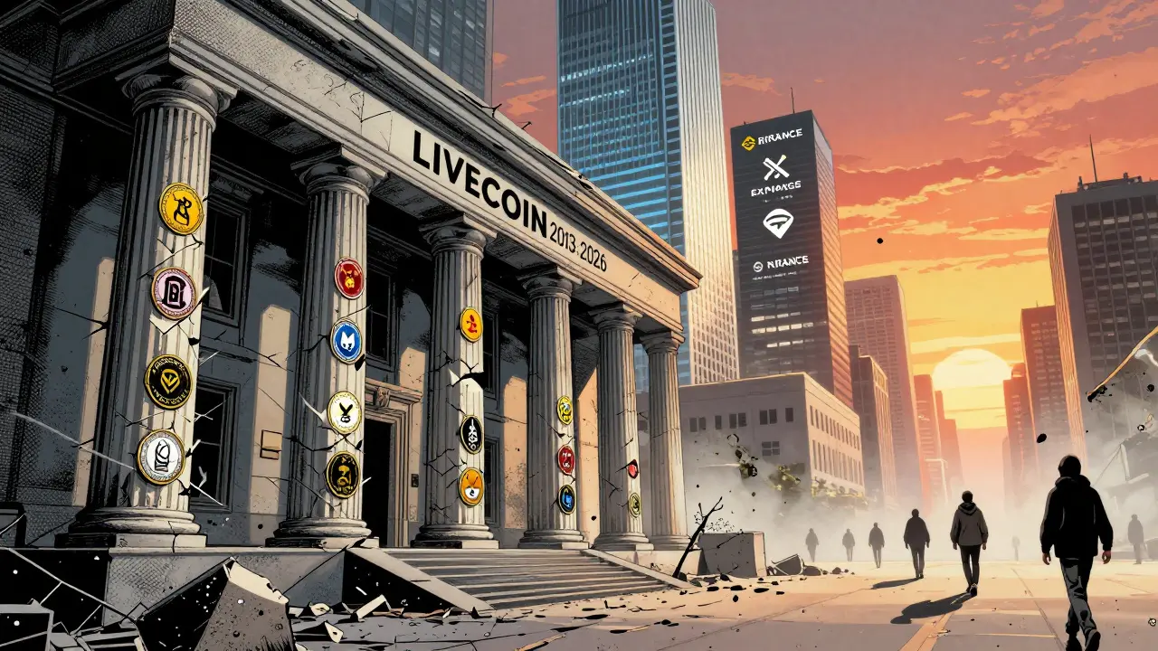 The crumbling Livecoin exchange building, overshadowed by modern competitors, as users walk away into a fading era of crypto.