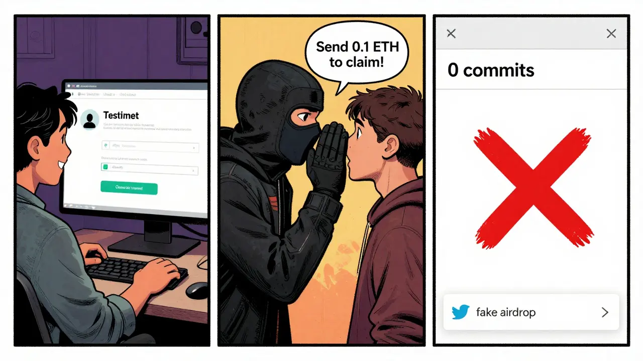 Three comic panels: user on testnet, scammer demanding ETH, and an empty GitHub repo with zero commits.