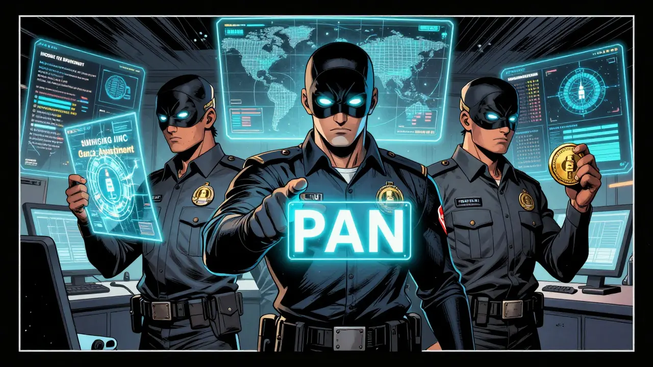 Three government agencies monitoring global crypto transactions with holographic blockchain maps