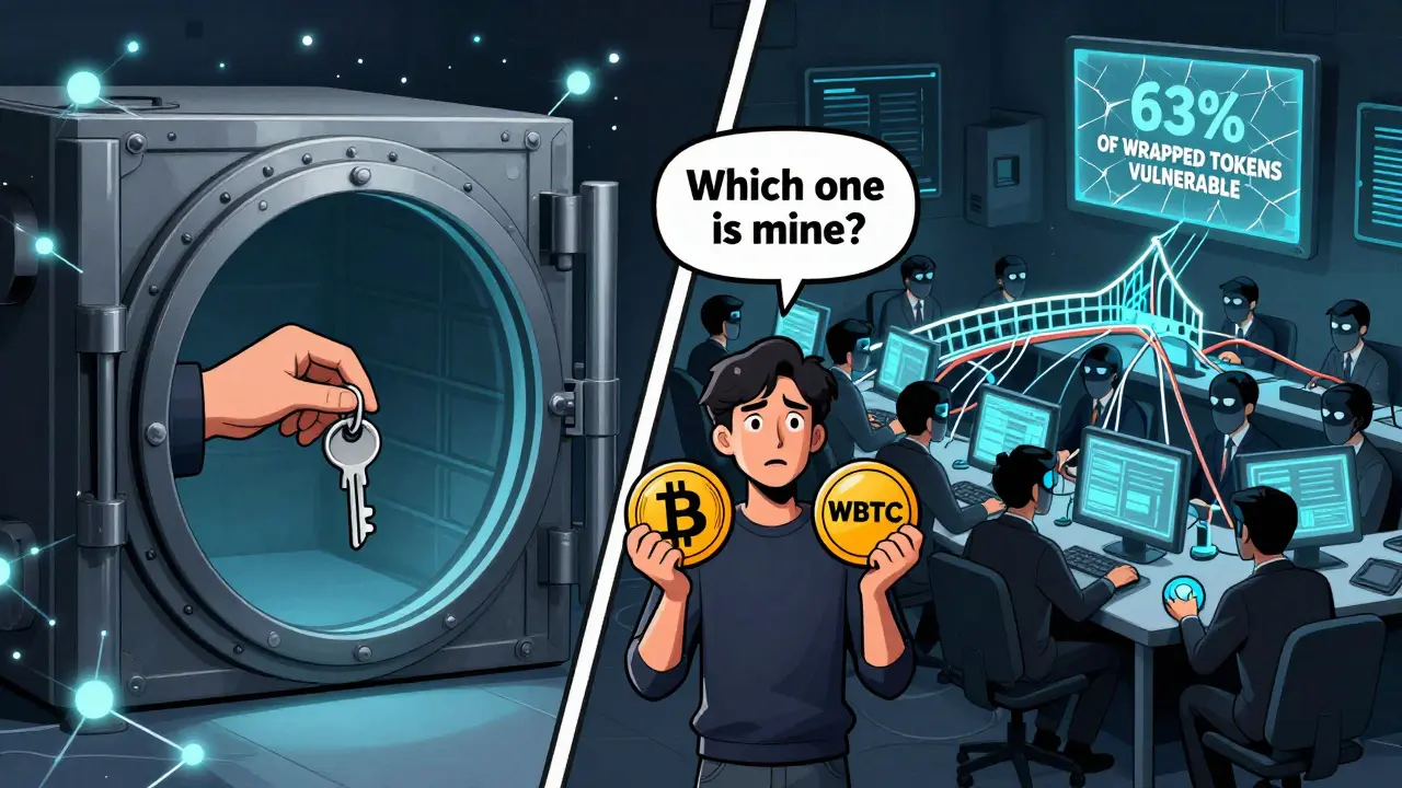 Two parallel worlds: secure Bitcoin key vs chaotic wrapped asset control room, highlighting trust differences in crypto systems.