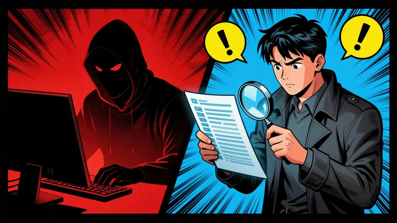 A cautious user investigating a digital ledger while a hacker looms in the shadows.