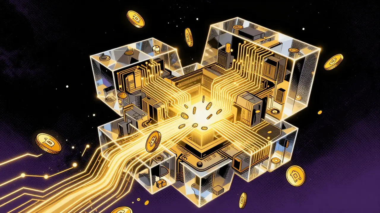 A complex crystalline AMM machine processing golden PLOT tokens in a comic book style.