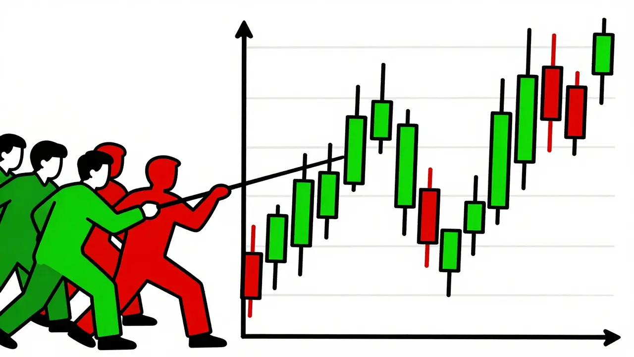 A conceptual tug-of-war between buyers and sellers next to candlestick chart elements.