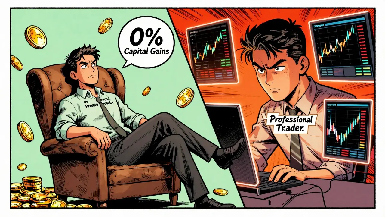 A contrast between a relaxed private crypto investor and a stressed professional trader in graphic novel art.