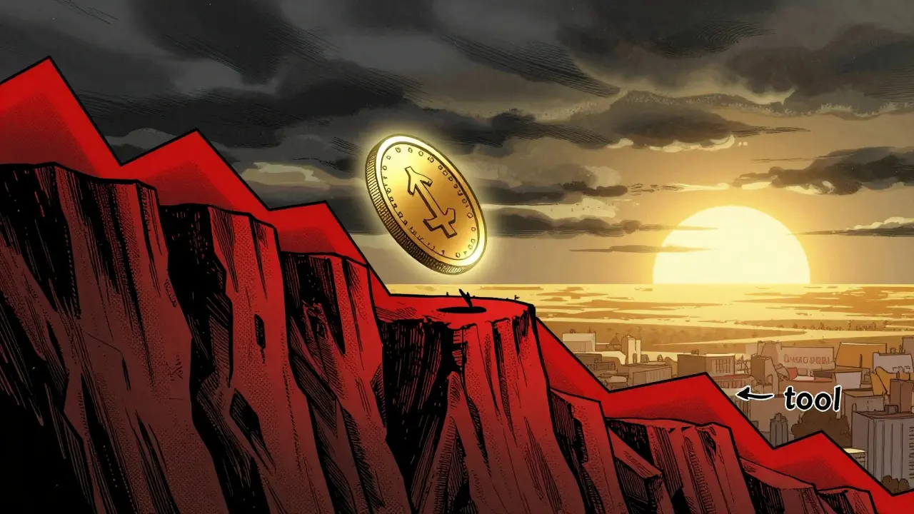 A cryptocurrency token falling down a jagged red price chart toward a golden horizon.
