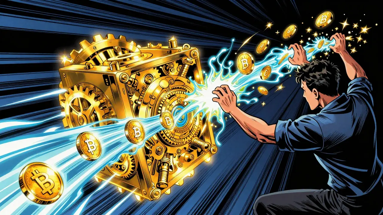 A glowing golden mechanical engine processing digital token streams in a graphic novel style.