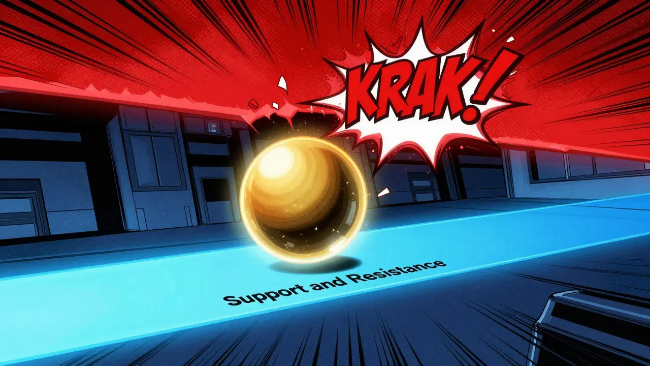 A golden ball bouncing between a blue floor and red ceiling in a comic book art style.