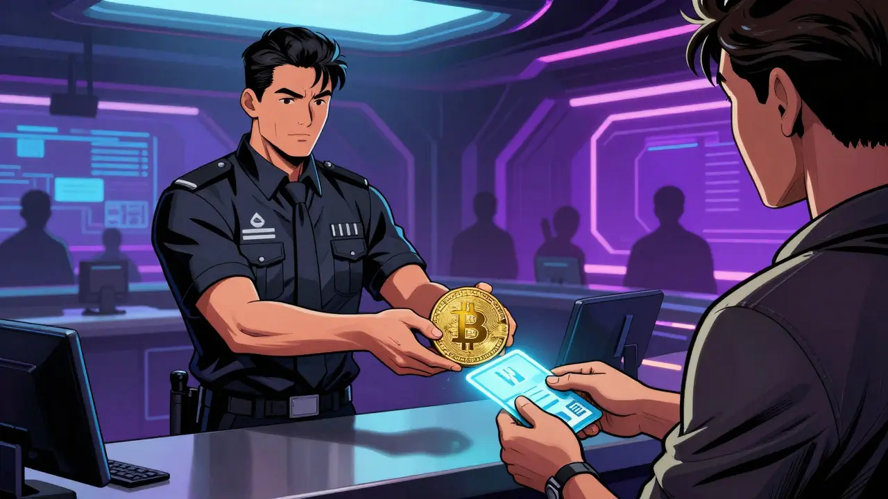 A high-tech attendant exchanging a physical Bitcoin for a glowing digital token at a futuristic counter.