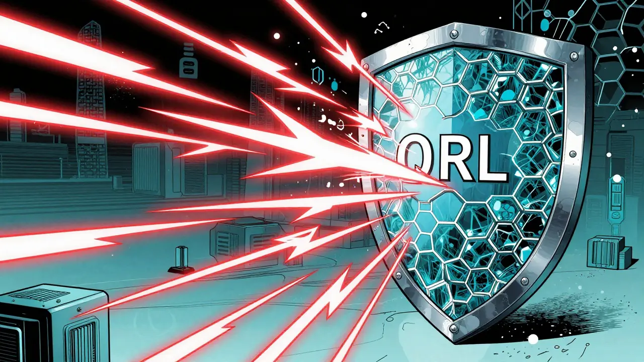 A high-tech hexagonal shield blocking digital attacks in a comic book style illustration.