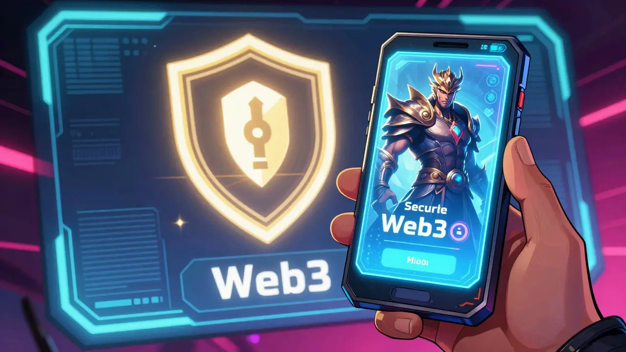 A holographic NFT hero card and a secure digital wallet interface in a cyberpunk comic style.