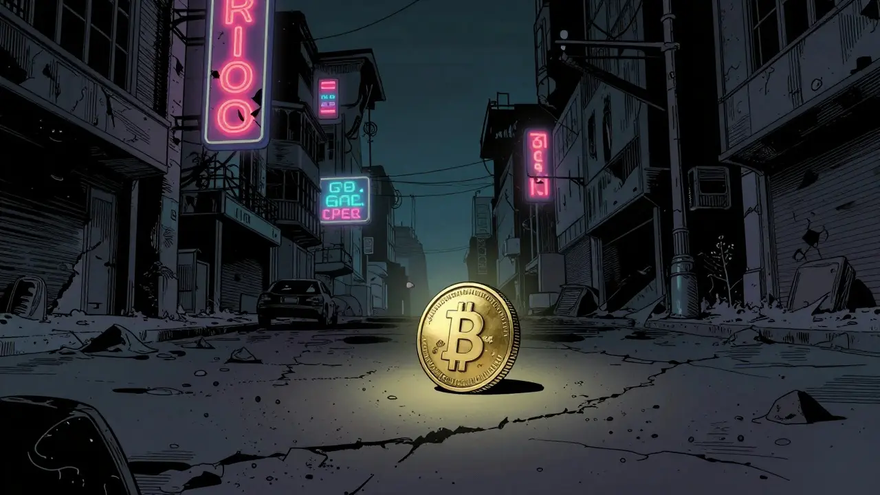 A lonely digital coin in a dark, desolate futuristic city street in graphic novel style.