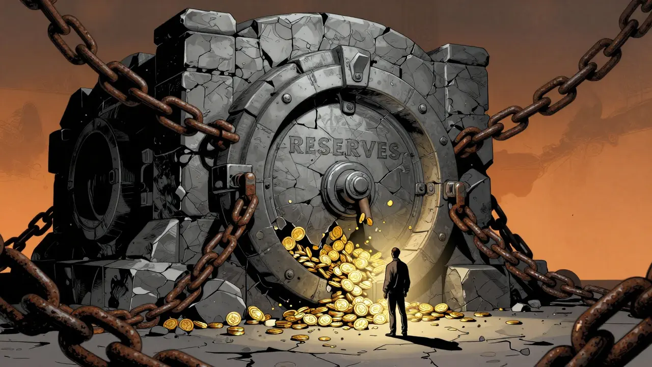 A massive locked vault with leaking coins symbolizing unreachable token reserves.