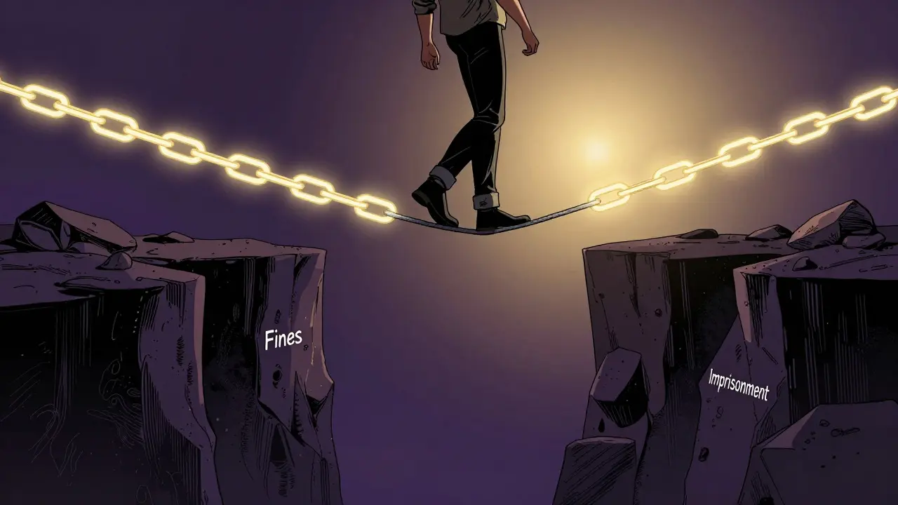 A person balancing on a digital blockchain tightrope over a deep abyss of legal penalties.