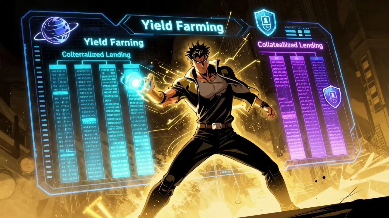 A person managing glowing digital energy streams representing DeFi yield farming and lending.