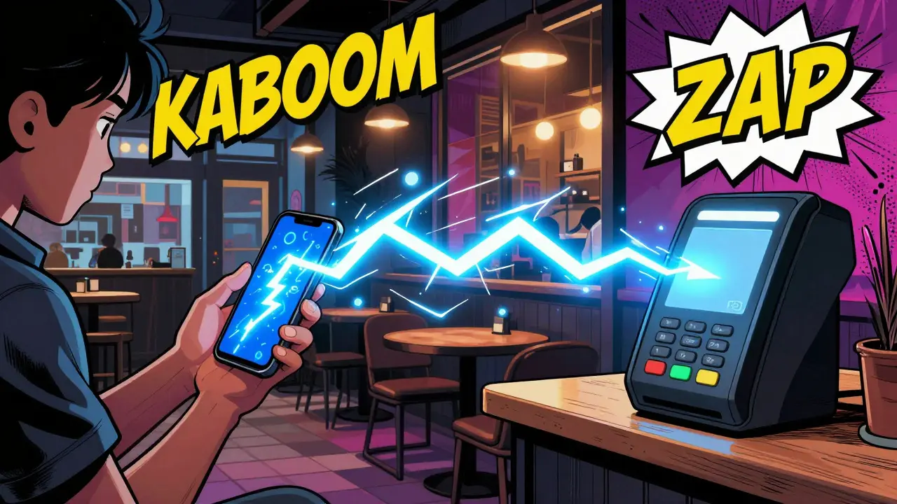 A person paying for coffee with a smartphone featuring a blue lightning bolt for speed.