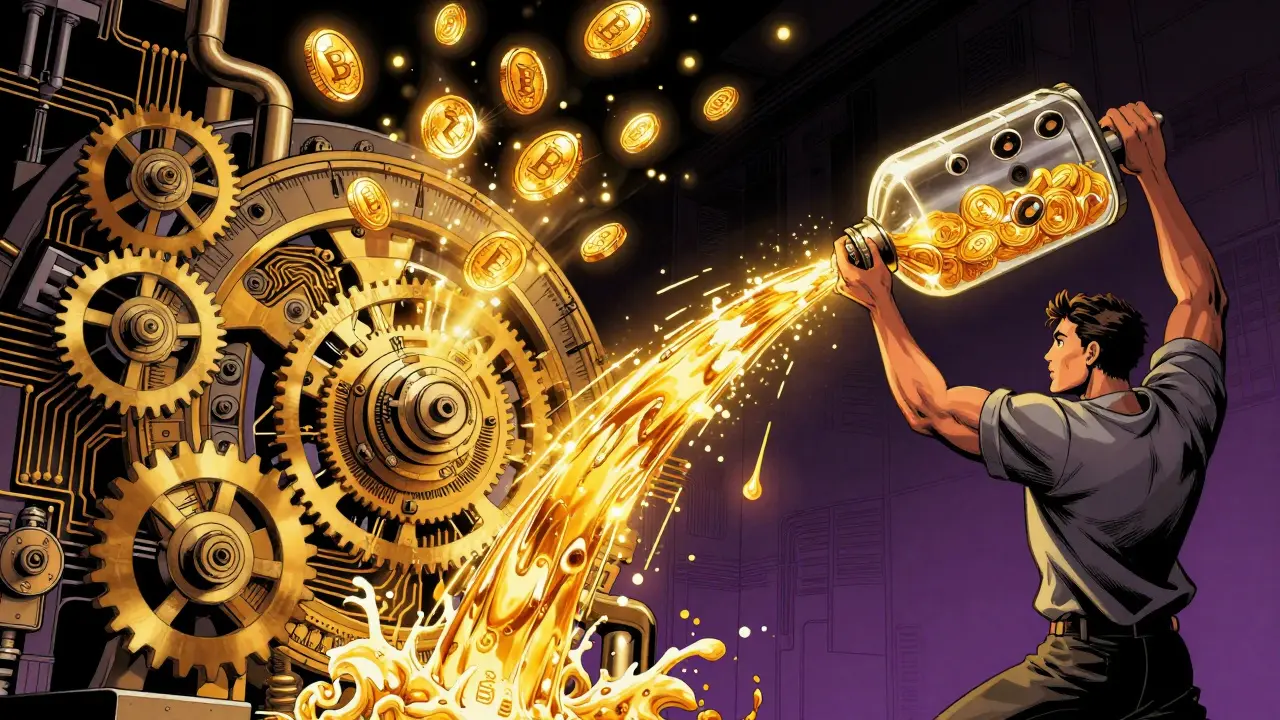 A person providing liquidity into a golden circuitry machine to earn DIVER tokens.