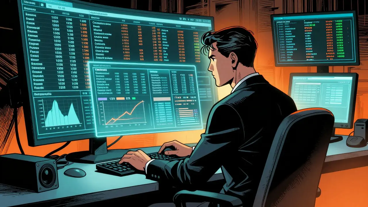 A professional trader interacting with a holographic digital order book in a graphic novel style.
