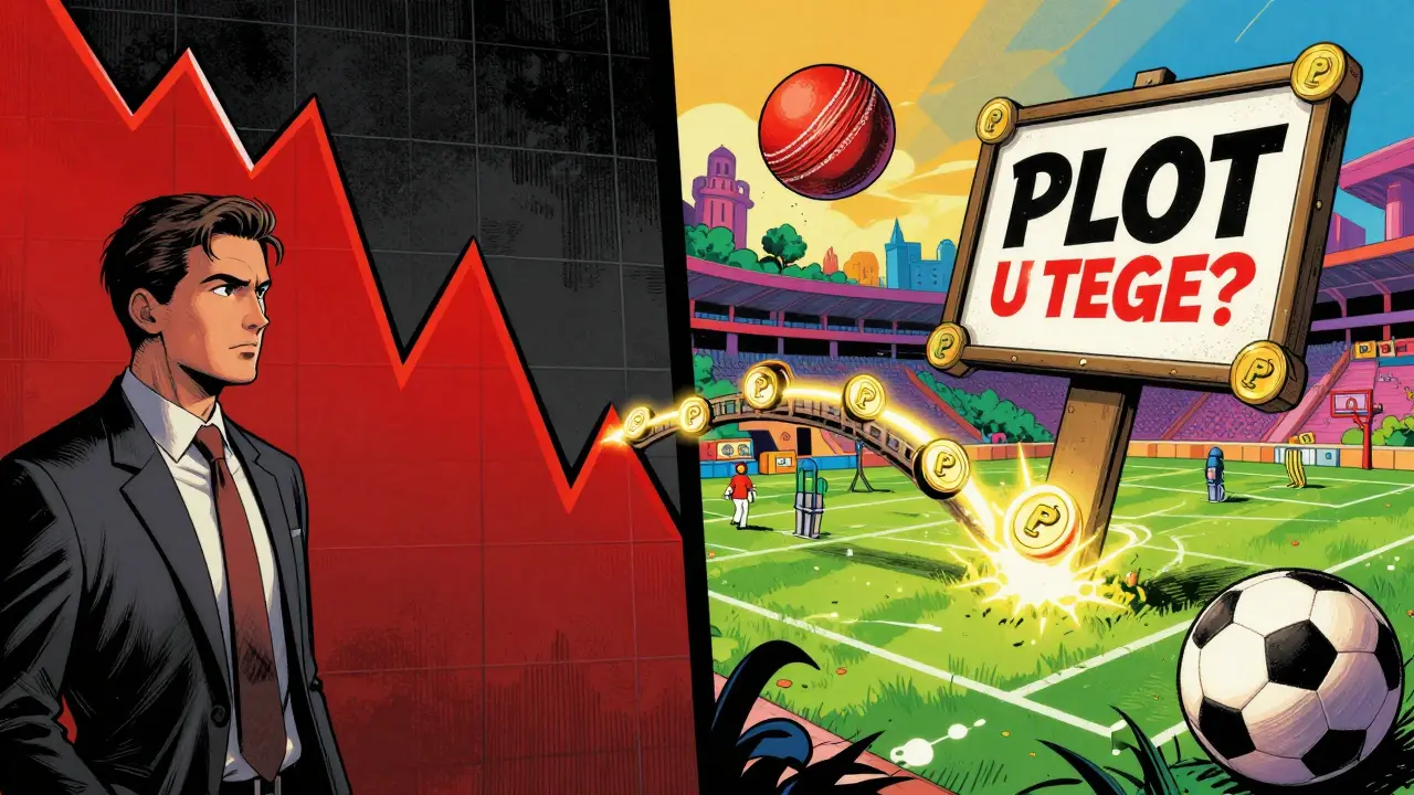 A split-screen illustration showing the transition from DeFi finance to fantasy gaming.