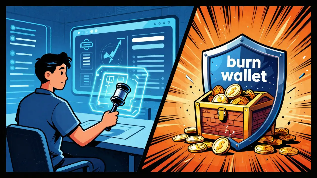 A split-screen showing DeFi governance voting and a secure burn wallet protecting assets.