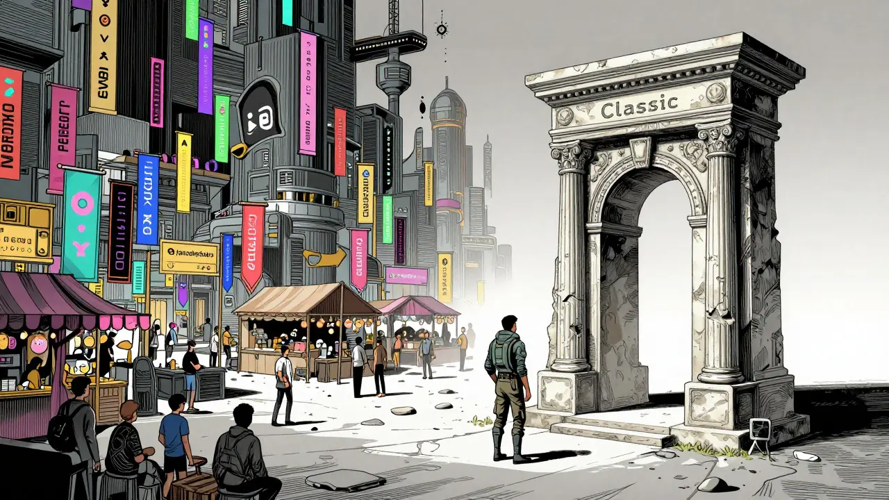 A trader comparing a massive digital bazaar with a solitary, elegant digital gateway.