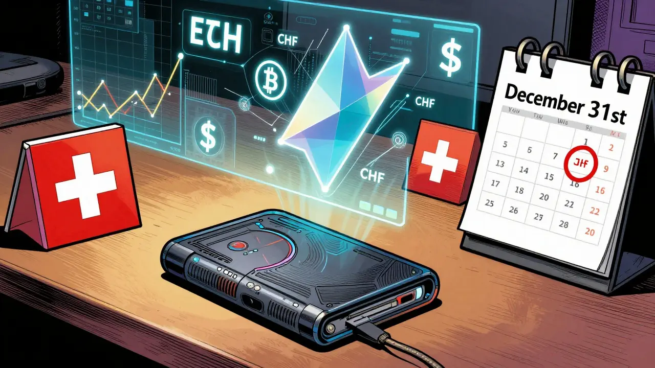 An investor's desk with a hardware wallet and a calendar marked December 31st in comic book style.