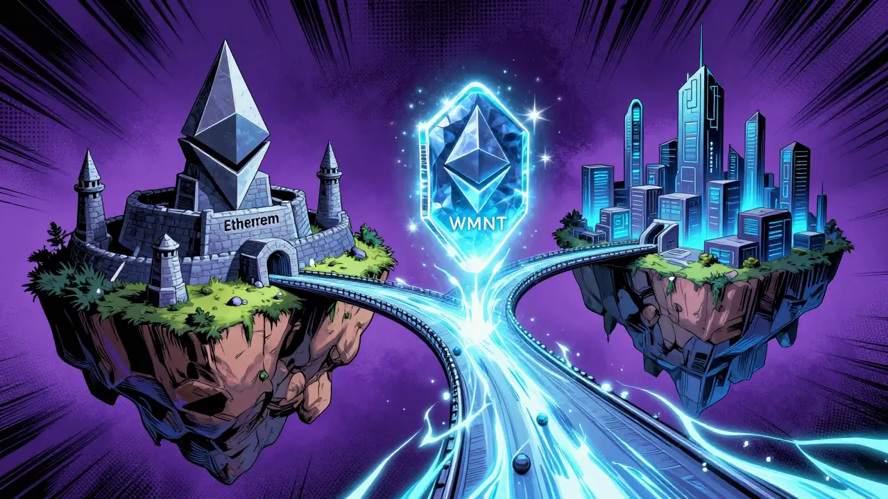 Comic book art of a glowing WMNT token bridging a stone fortress and a futuristic city.