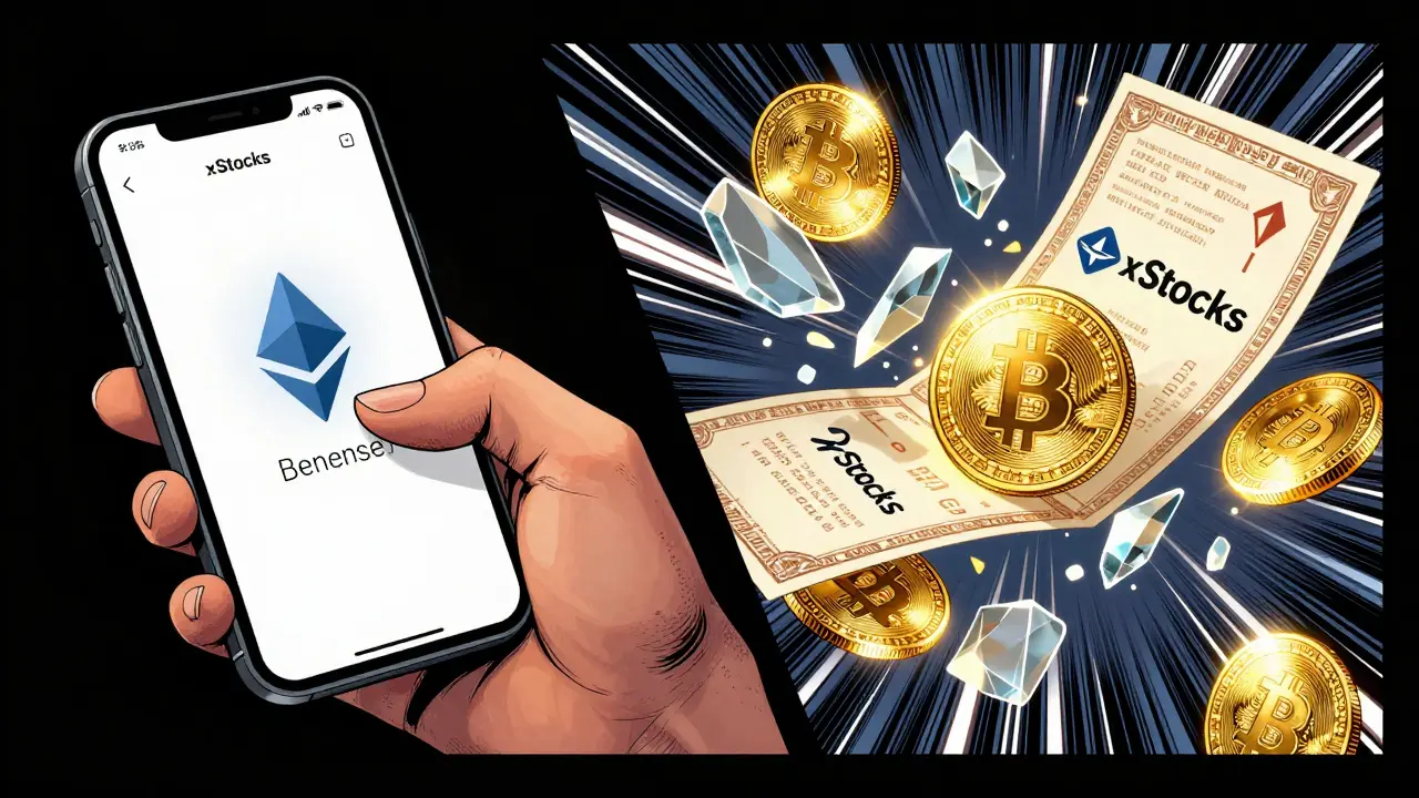 Comic book illustration of a crypto trading app and tokenized stocks merging.