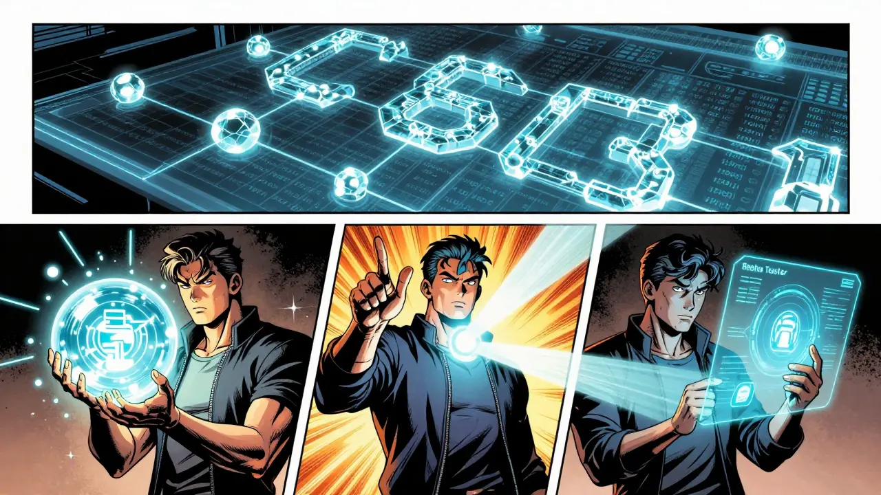 Comic book panels showing a blockchain snapshot and three types of eligible XCV users.