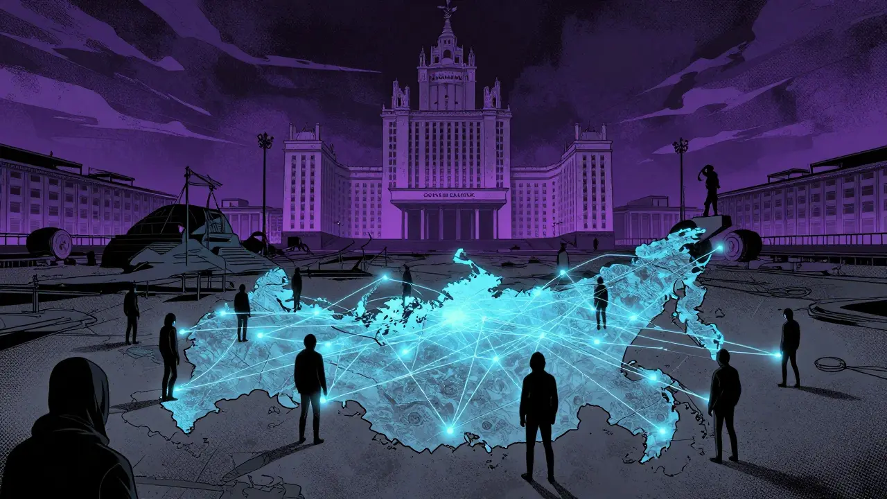 Comic style depiction of a secret underground crypto network beneath a government building.
