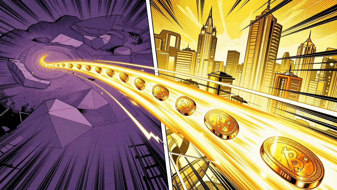 Comic style illustration of golden tokens migrating to a futuristic yellow city.