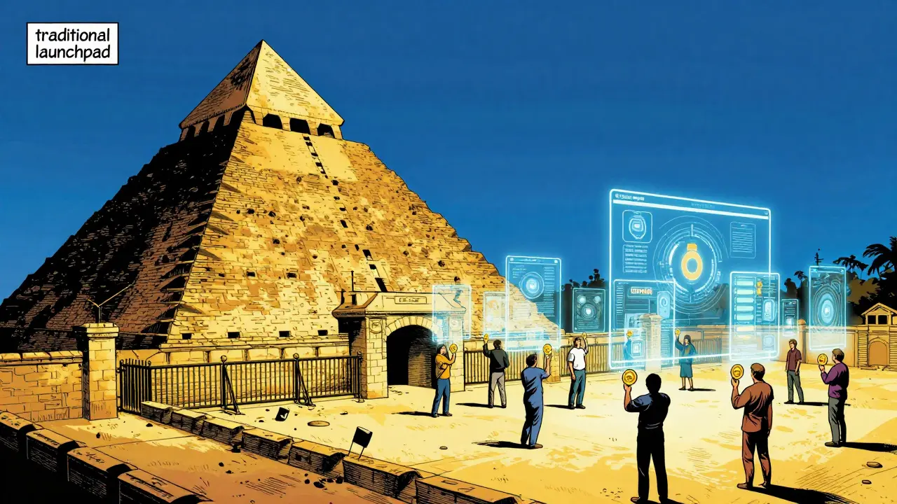 Comparison between a restrictive pyramid system and an open, equal access plaza.