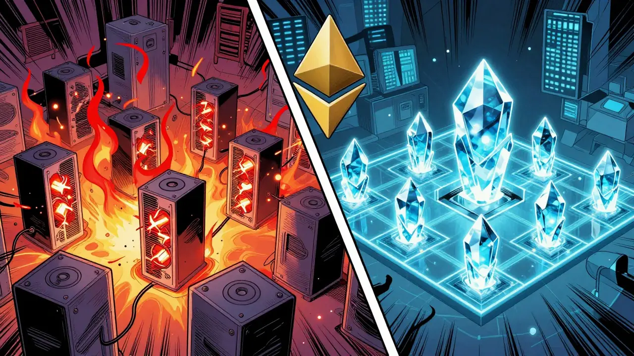 Comparison between old GPU mining rigs and a modern digital staking network.