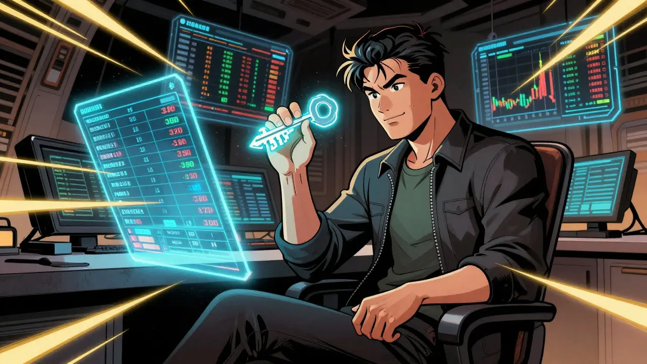 Confident trader using holographic order books and holding a digital key in comic book style