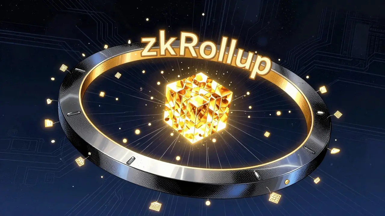 Digital ring compressing many transactions into one golden proof block in graphic novel style