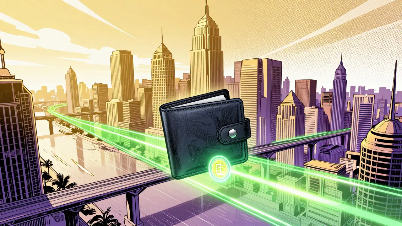 Futuristic depiction of decentralized token swapping and digital wallets in a tech city.