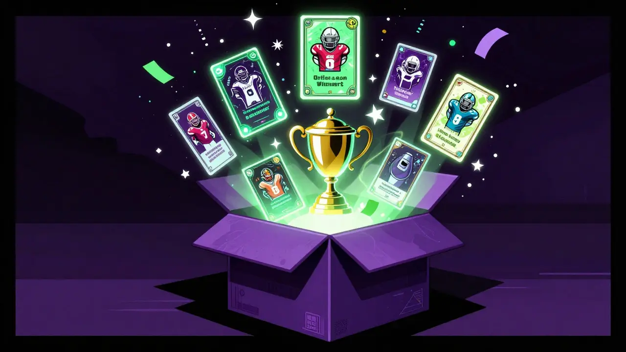 Glowing mystery box revealing digital football cards and virtual trophies inside.