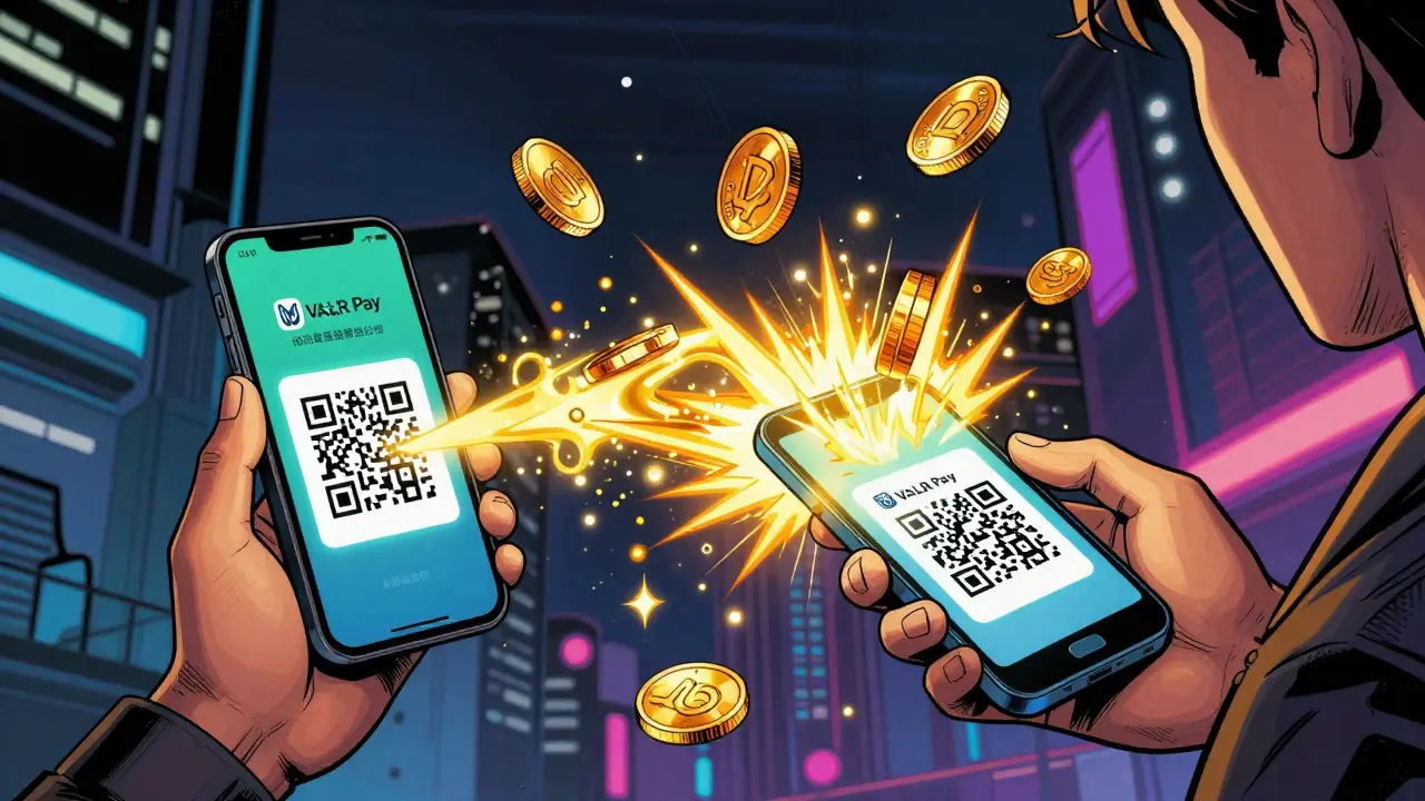 Graphic novel depiction of a peer-to-peer crypto payment via QR code.