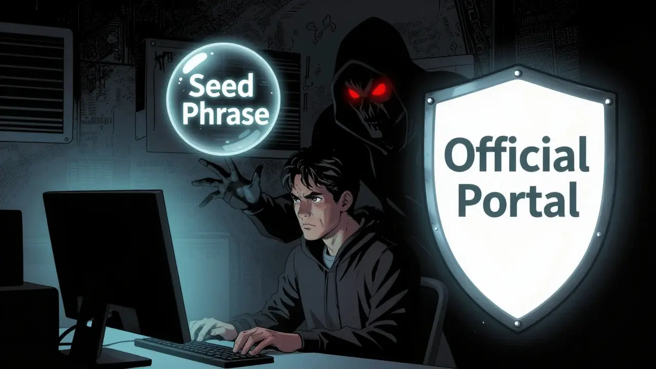 Graphic novel depiction of a user protected by a security shield from a shadowy crypto scammer.