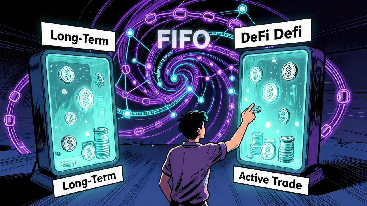 Graphic novel depiction of digital coins being sorted into two separate wallets.