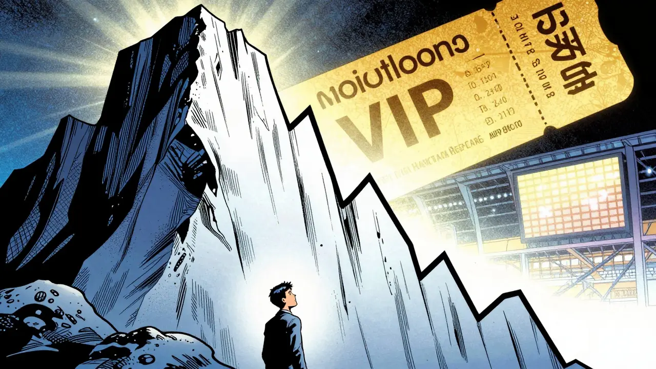 Graphic novel illustration of a volatile price chart cliff with VIP rewards nearby.