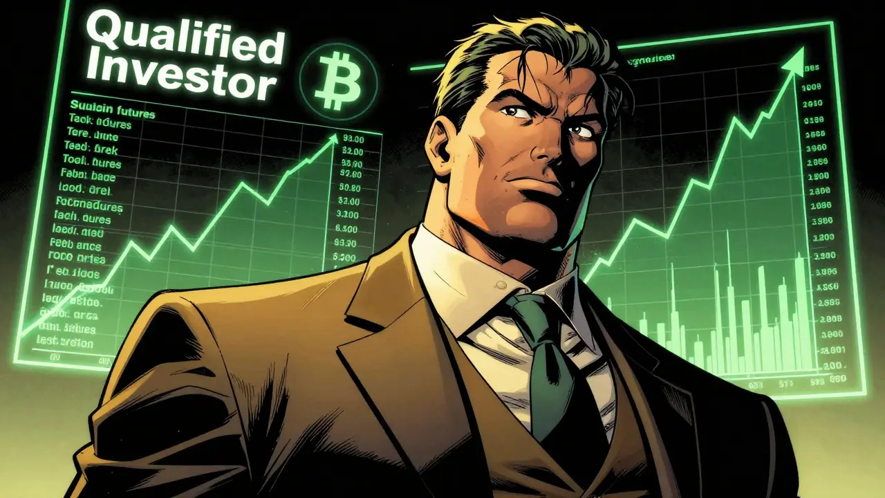 Graphic novel illustration of a wealthy investor viewing holographic crypto derivatives charts.