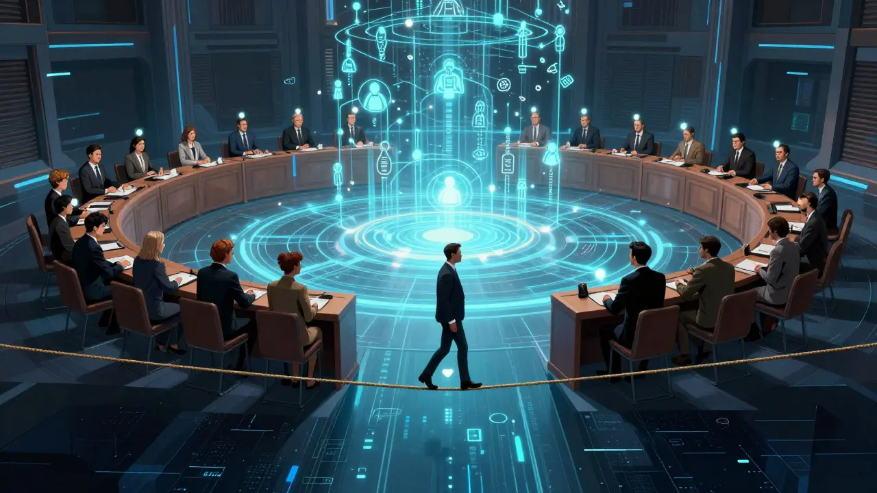 Graphic novel scene of people voting in a holographic hall with a tightrope metaphor for risk.