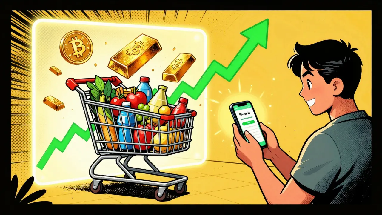 Groceries transforming into gold and Bitcoin symbols in a comic book art style.